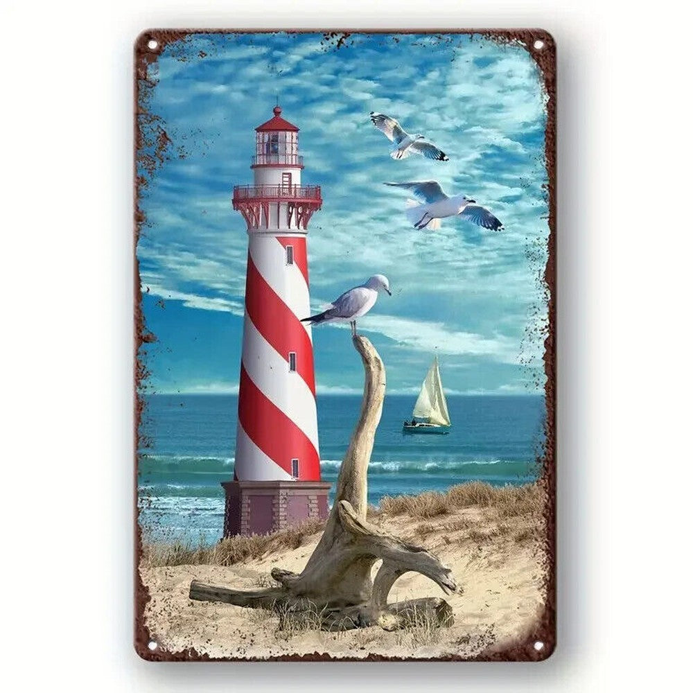 Lighthouse Seascape With Sailboat Vintage Novelty Metal Sign 12" x 8" Wall Art Home & Garden:Home Décor:Plaques & Signs Style Your Walls